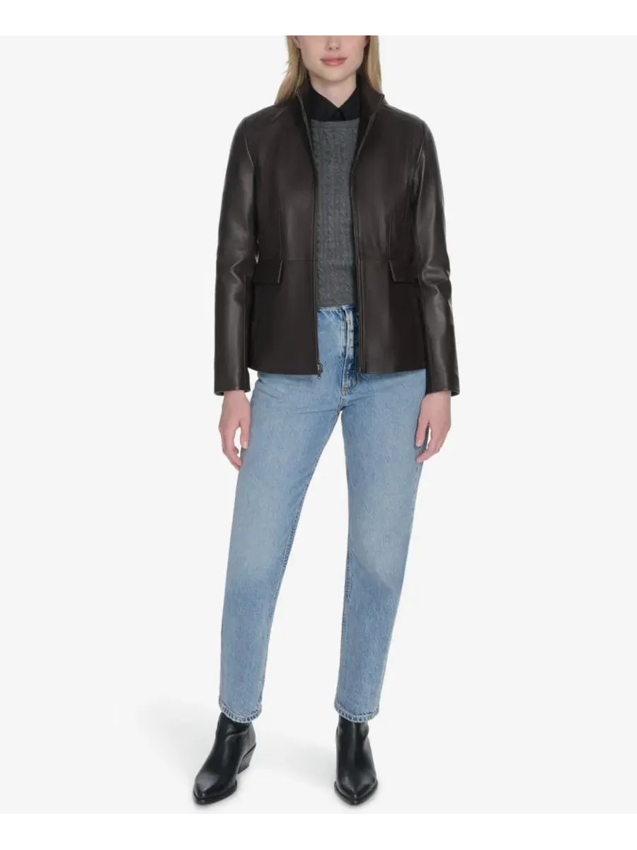 Кожаная куртка с воротником-крыльями Petite Wing-Collar Leather Jacket Cole Haan, Dark Espresso — изображение 4 из 6, бежевый