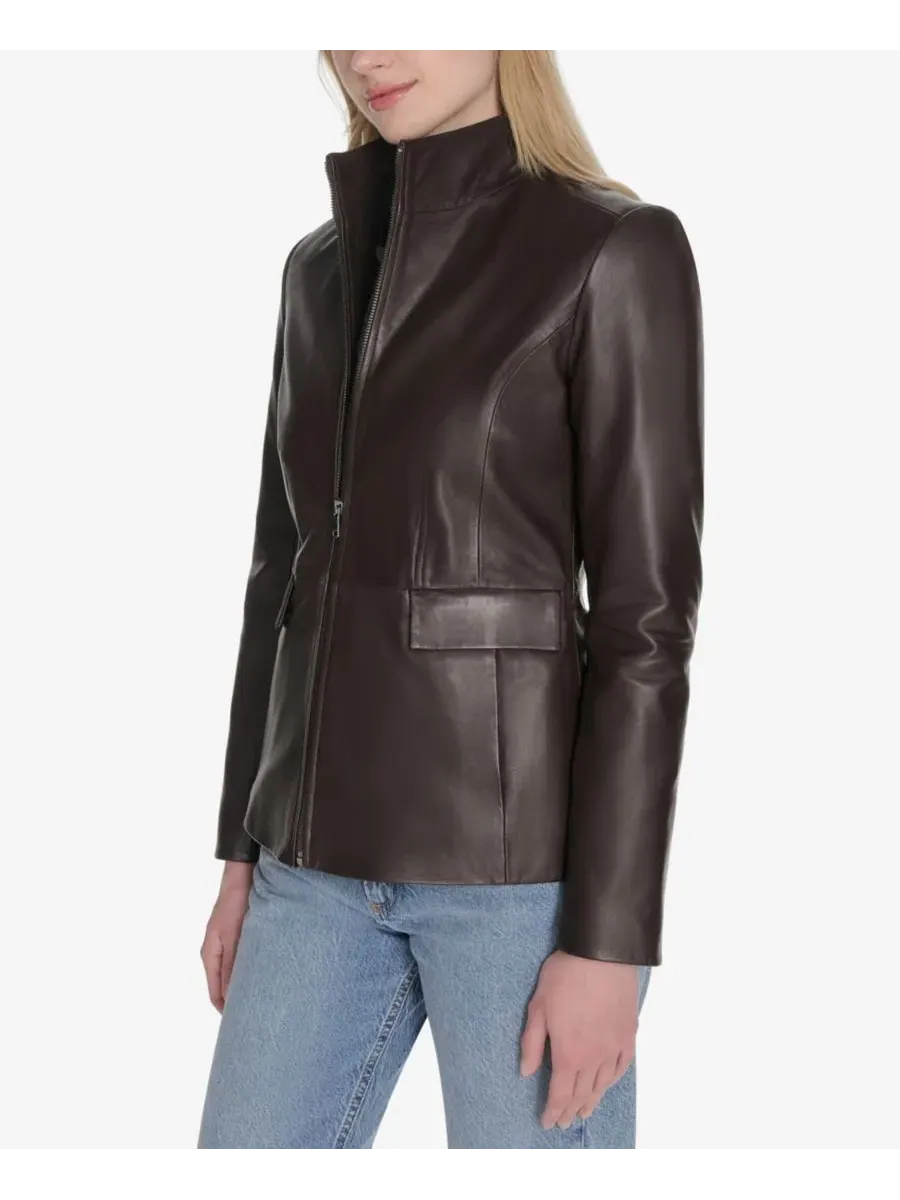 Кожаная куртка с воротником-крыльями Petite Wing-Collar Leather Jacket Cole Haan, Dark Espresso — изображение 5 из 6, бежевый