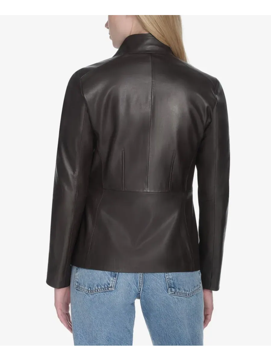 Кожаная куртка с воротником-крыльями Petite Wing-Collar Leather Jacket Cole Haan, Dark Espresso — изображение 6 из 6, бежевый