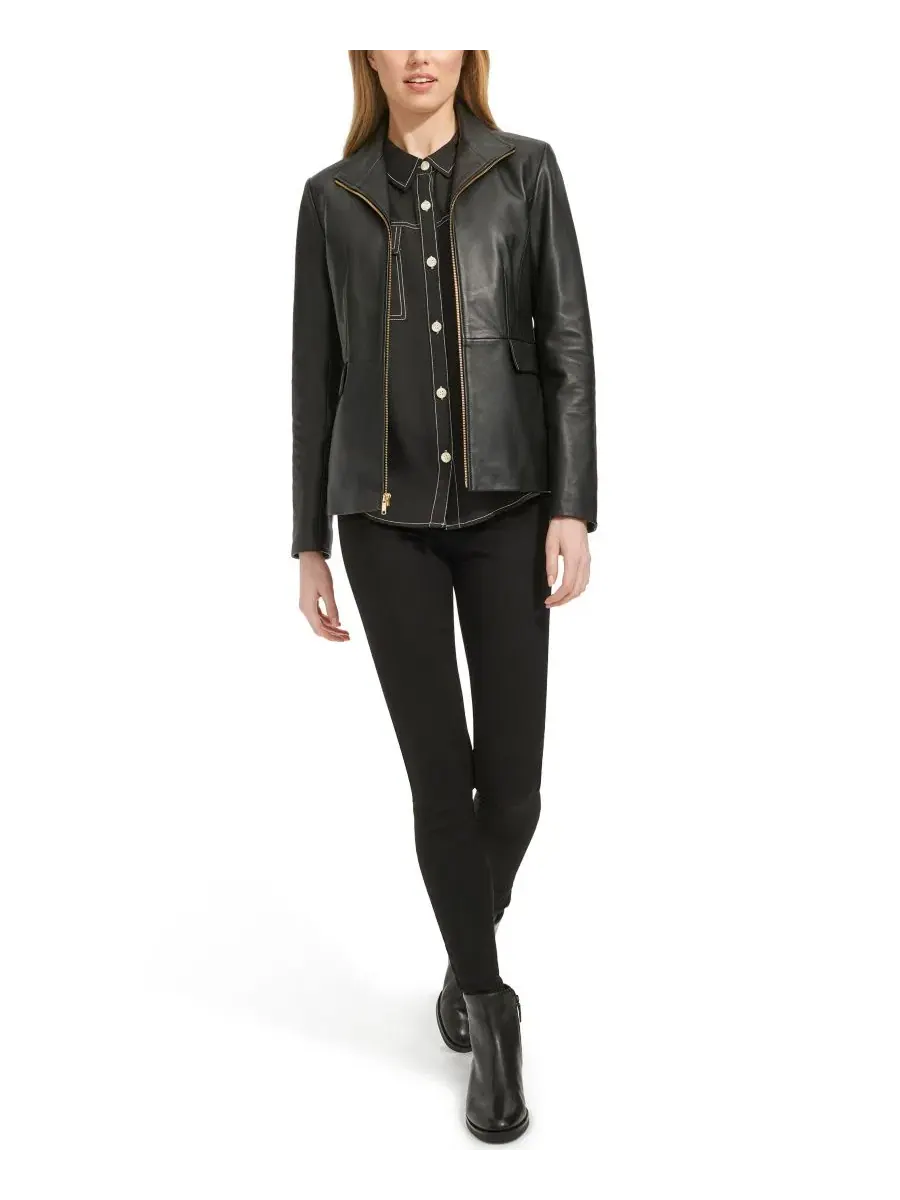 Кожаная куртка с воротником-крыло Petite Wing Collar Leather Jacket Cole Haan — изображение 2 из 5, черный