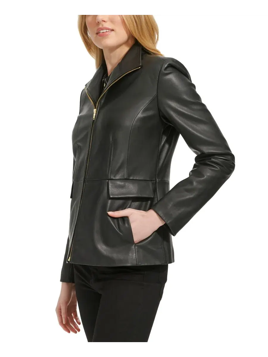Кожаная куртка с воротником-крыло Petite Wing Collar Leather Jacket Cole Haan — изображение 3 из 5, черный