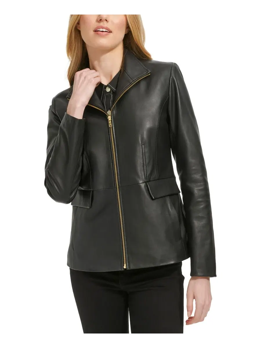 Кожаная куртка с воротником-крыло Petite Wing Collar Leather Jacket Cole Haan — изображение 4 из 5, черный
