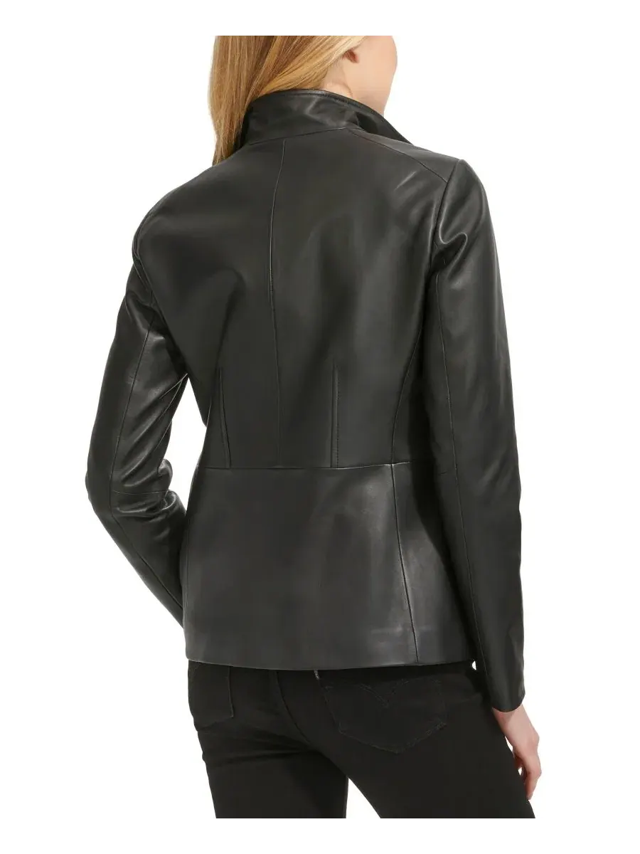 Кожаная куртка с воротником-крыло Petite Wing Collar Leather Jacket Cole Haan — изображение 5 из 5, черный