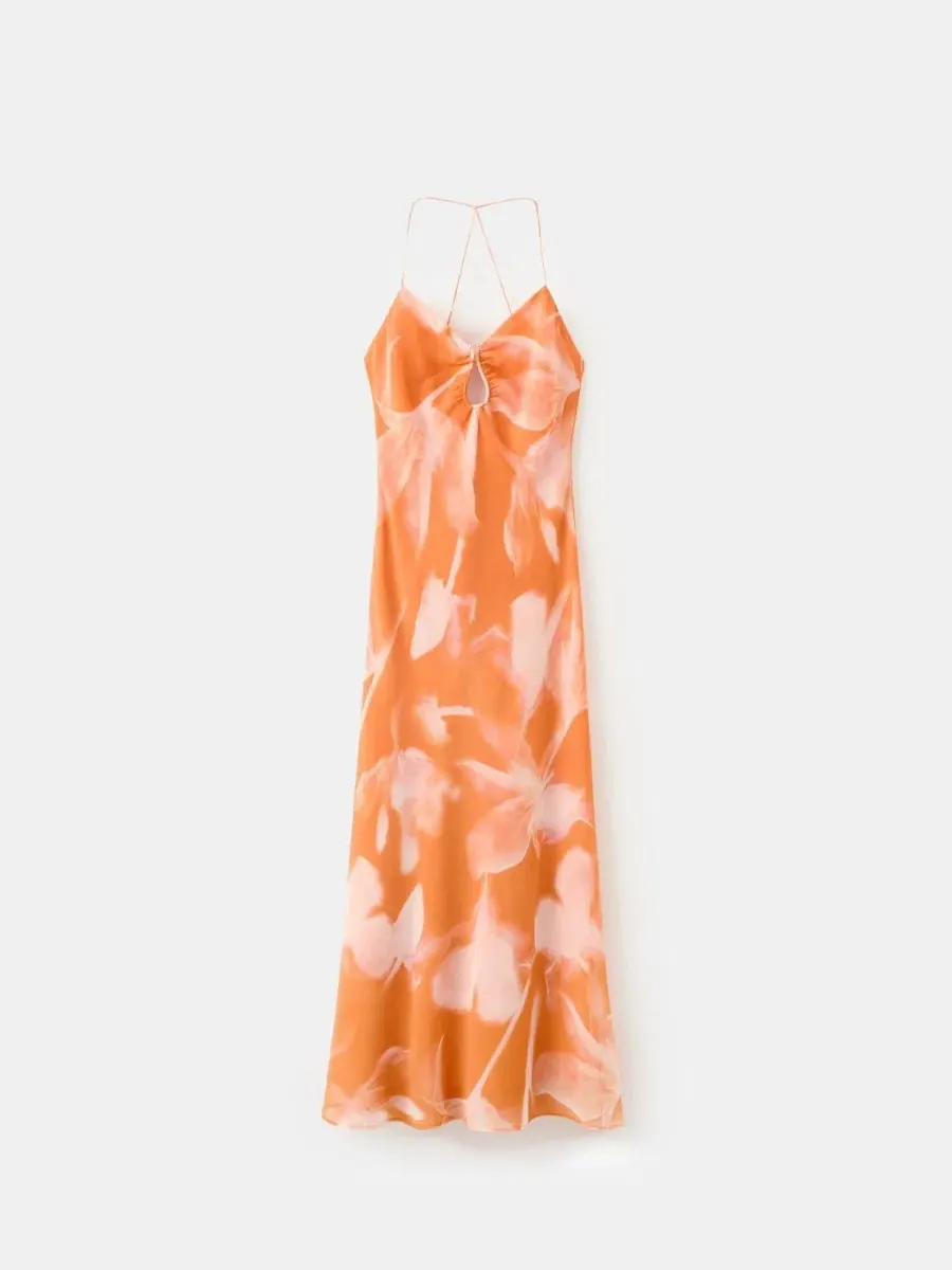 Платье с металлическим принтом и вырезами, модель Metallic Cut-Out Floral MANGO — изображение 2 из 8, оранжевый