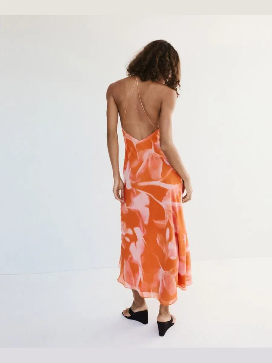 Платье с металлическим принтом и вырезами, модель Metallic Cut-Out Floral MANGO — изображение 7 из 8, оранжевый