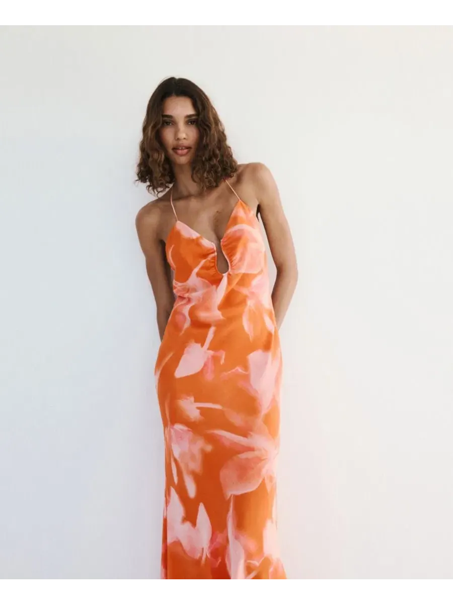 Платье с металлическим принтом и вырезами, модель Metallic Cut-Out Floral MANGO — изображение 8 из 8, оранжевый