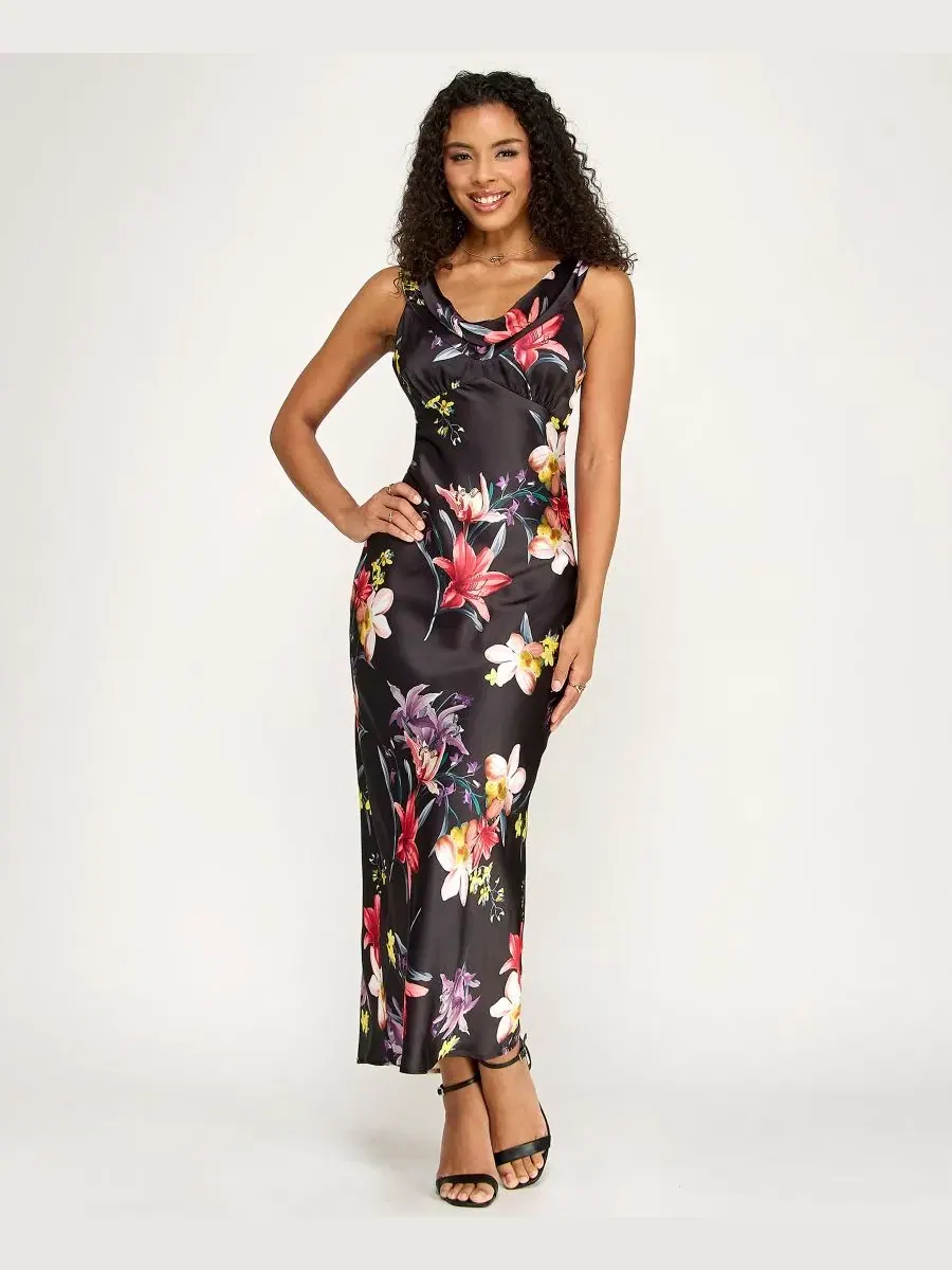 Платье с открытой спиной и завязками сзади, модель Printed Cowl Neck Dress KATIA RAE — мульти