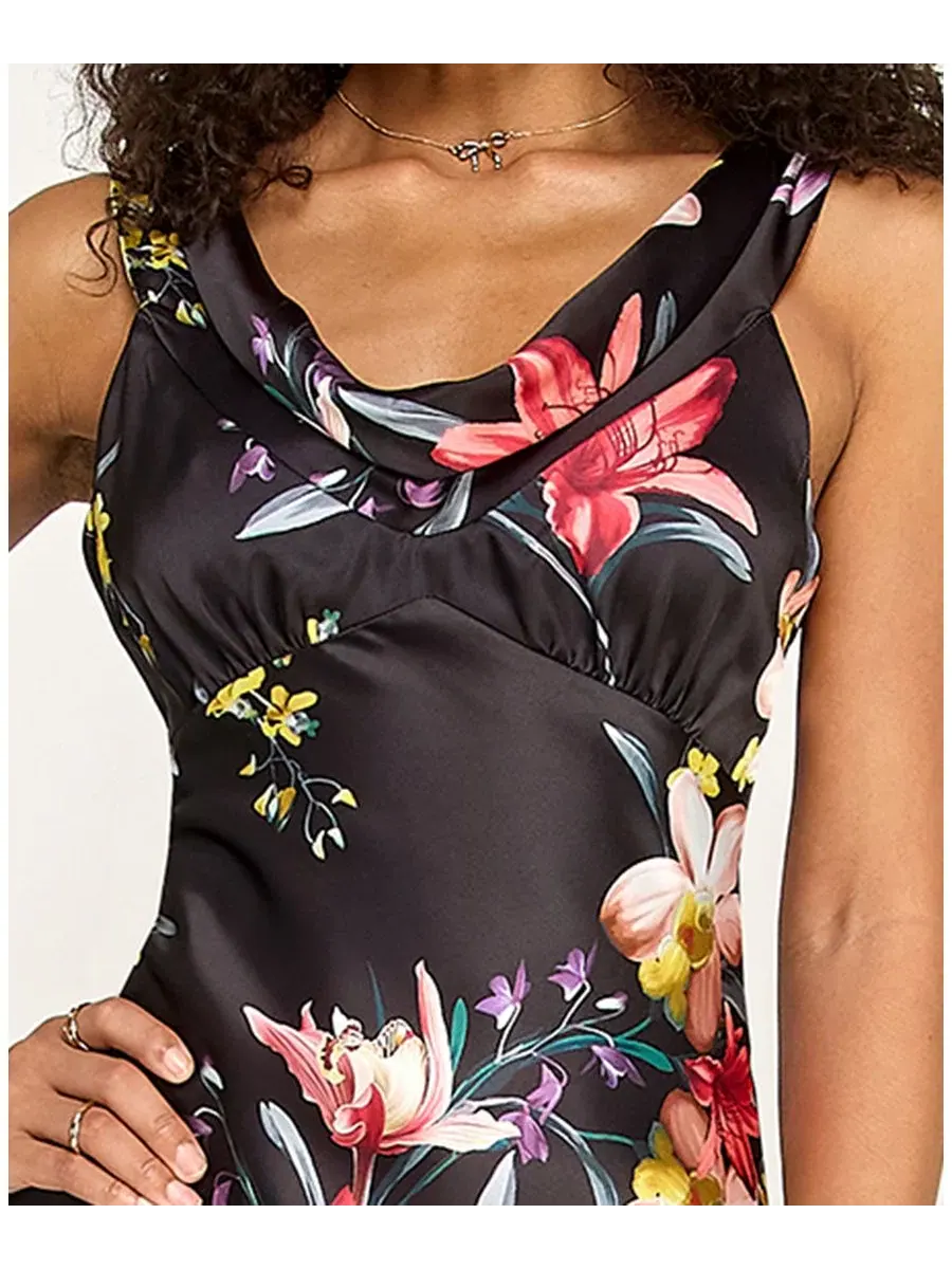 Платье с открытой спиной и завязками сзади, модель Printed Cowl Neck Dress KATIA RAE — изображение 3 из 5, черный мульти