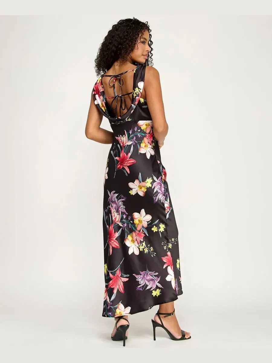 Платье с открытой спиной и завязками сзади, модель Printed Cowl Neck Dress KATIA RAE — изображение 5 из 5, черный мульти