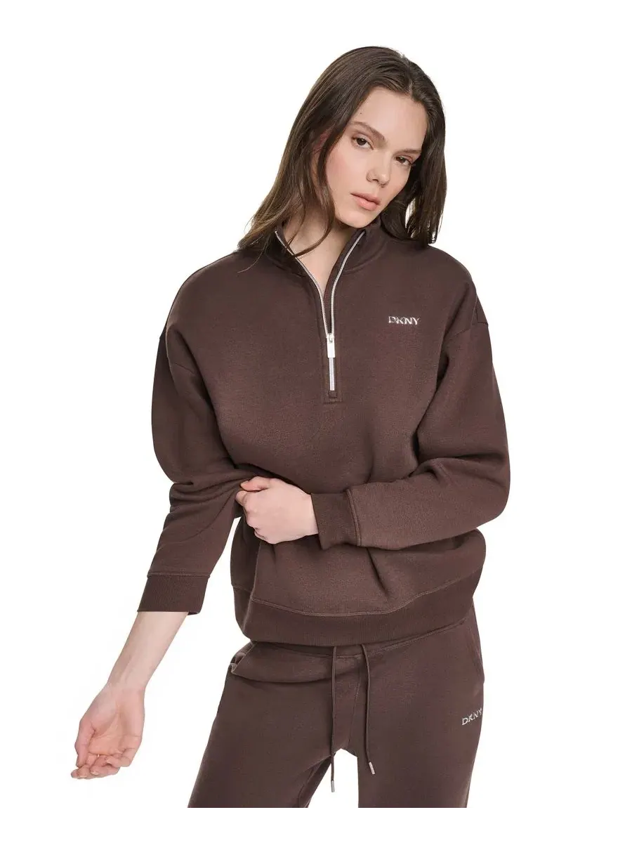 Свитшот с металлическим логотипом и высоким воротником DKNY Sport — изображение 1 из 10, эспрессо
