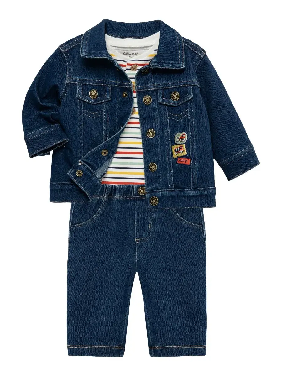 Комплект из боди, куртки и брюк Construction Crewneck Little Me — изображение 3 из 6, джинсовый синий