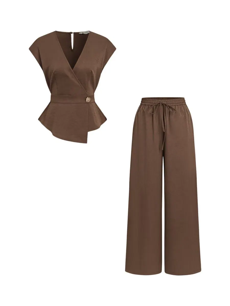 Комплект из топа без рукавов с запахом и широких брюк Lakeside Beige Cupshe — изображение 4 из 5, светлый бежевый