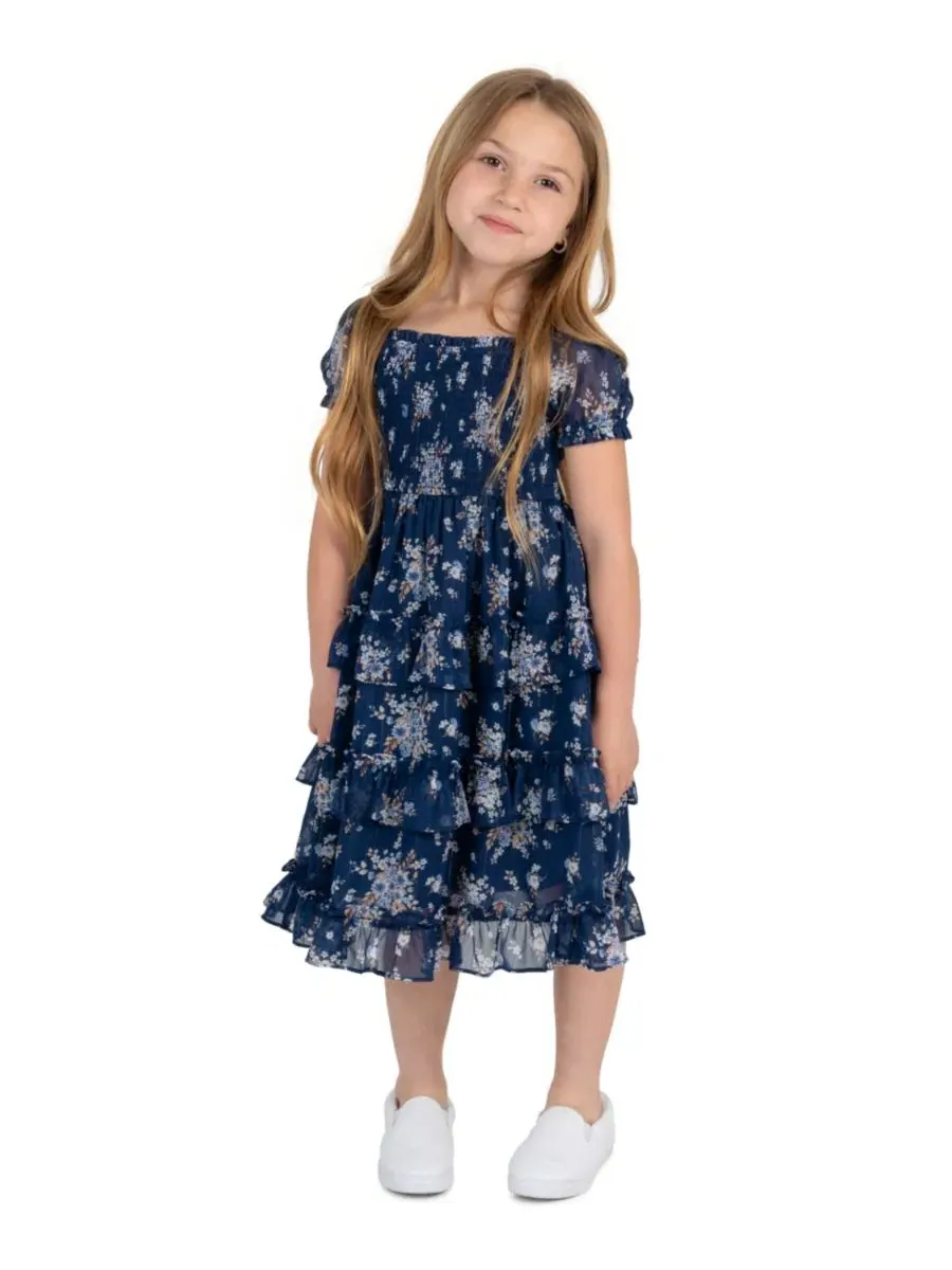 Платье миди с принтом, с пышными рукавами, модель Printed Lurex Chiffon Puff Sleeve Tiered Midi