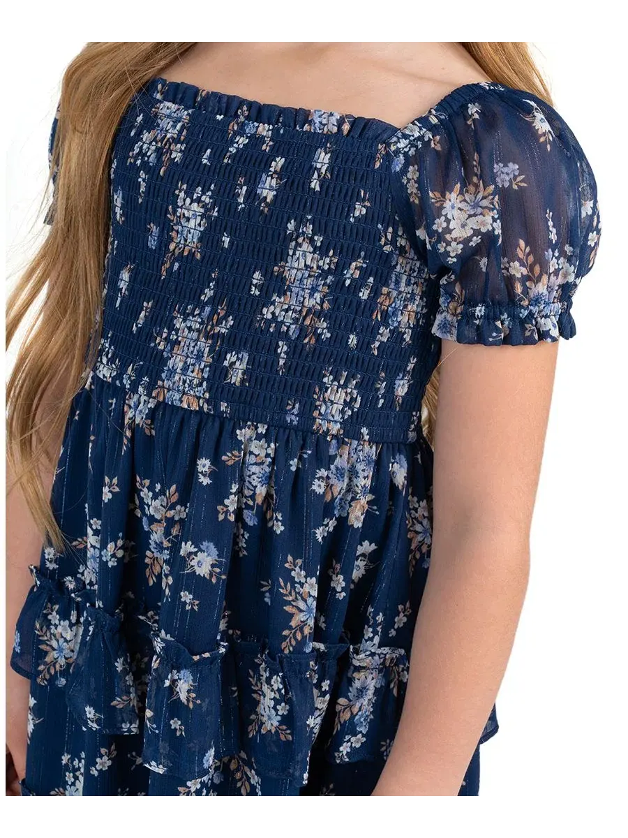 Платье миди с принтом, с пышными рукавами, модель Printed Lurex Chiffon Puff Sleeve Tiered Midi — изображение 2 из 7