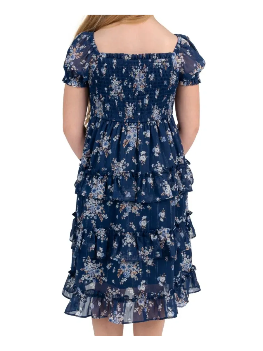 Платье миди с принтом, с пышными рукавами, модель Printed Lurex Chiffon Puff Sleeve Tiered Midi — изображение 3 из 7