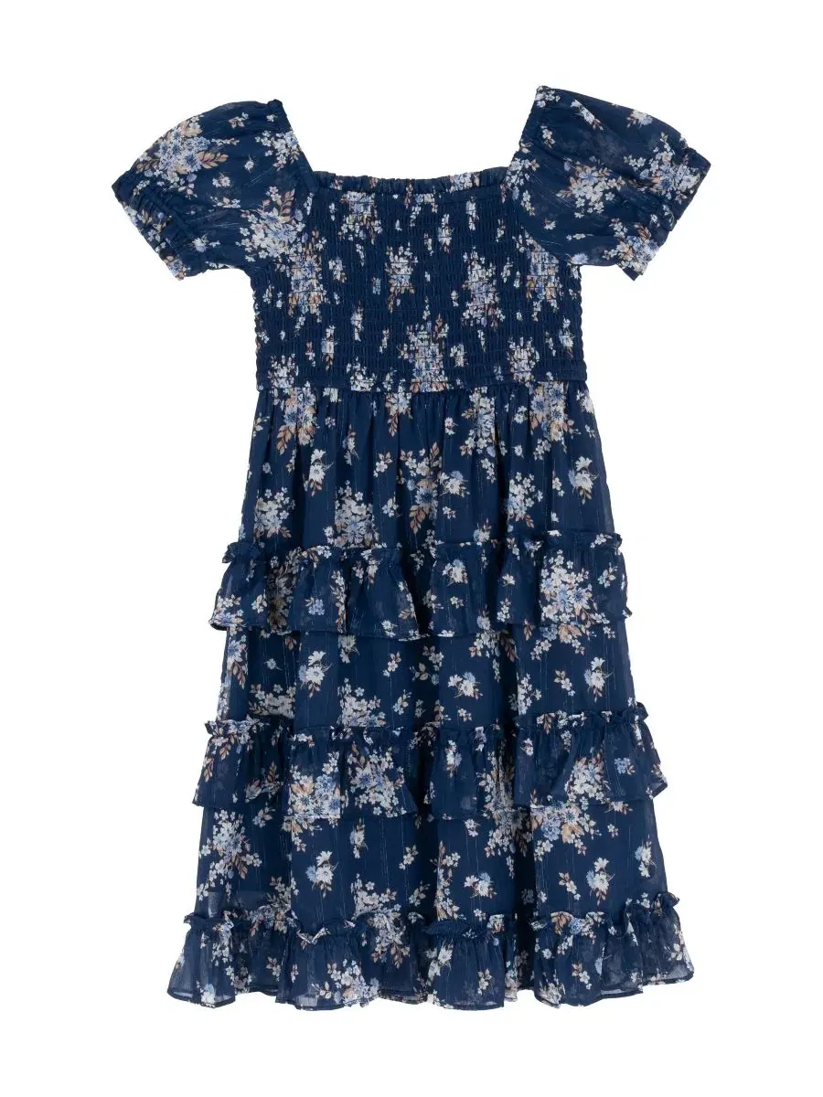Платье миди с принтом, с пышными рукавами, модель Printed Lurex Chiffon Puff Sleeve Tiered Midi — изображение 4 из 7