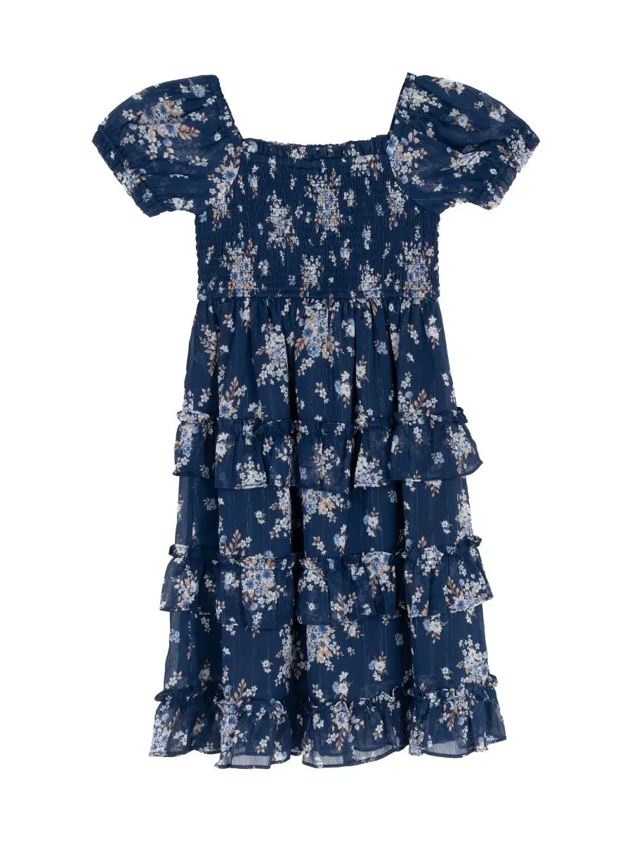 Платье миди с принтом, с пышными рукавами, модель Printed Lurex Chiffon Puff Sleeve Tiered Midi — изображение 5 из 7