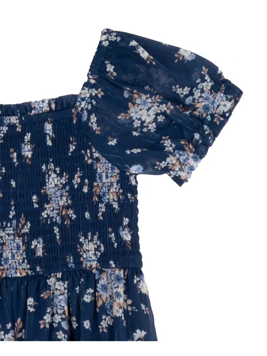 Платье миди с принтом, с пышными рукавами, модель Printed Lurex Chiffon Puff Sleeve Tiered Midi — изображение 6 из 7