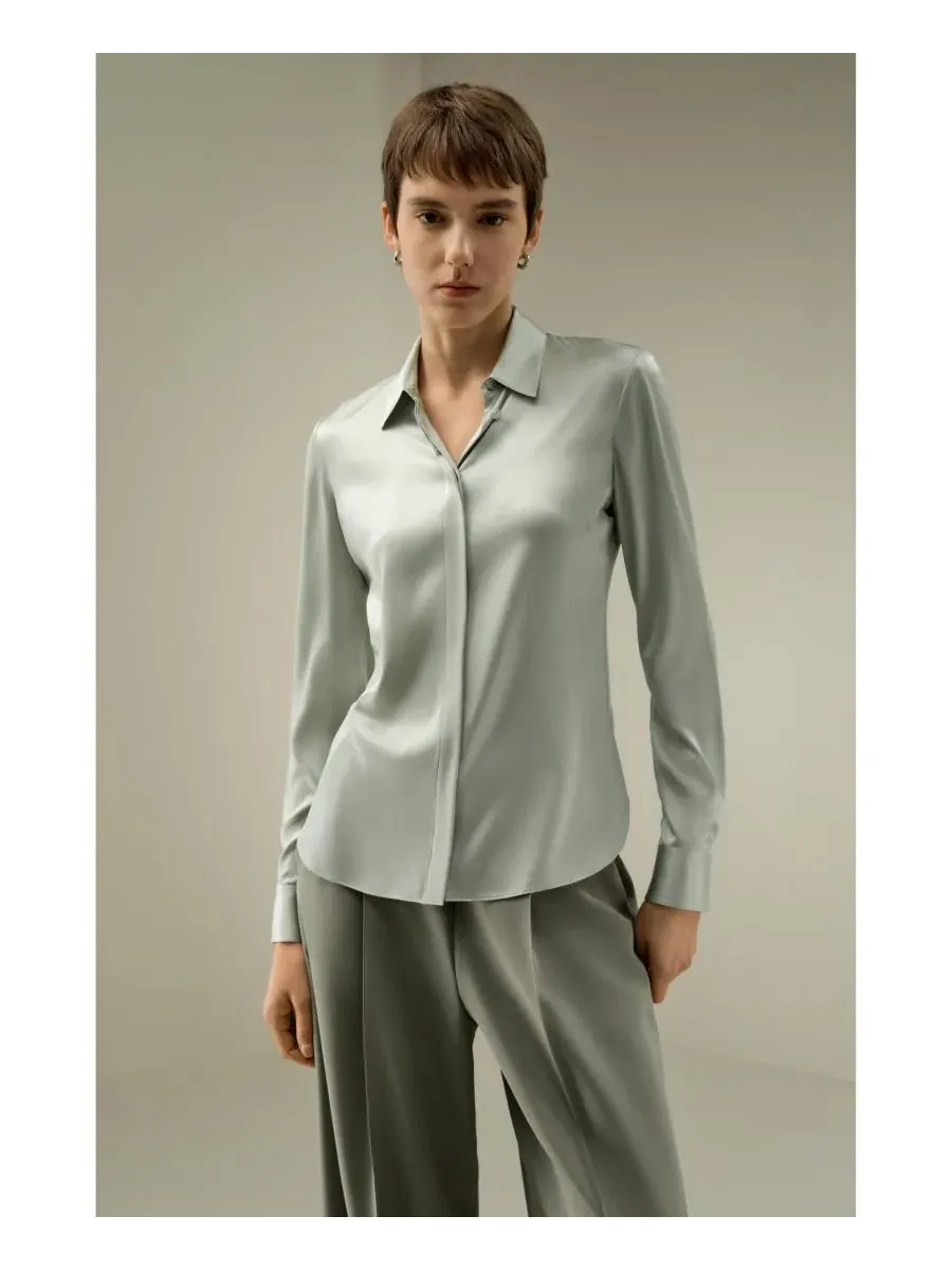 Шелковая рубашка с воротником Slim Fit LILYSILK — изображение 3 из 6, серебристый