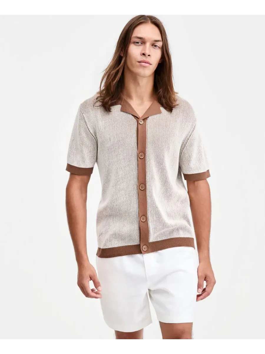 Мужская рубашка-поло с коротким рукавом, модель Plaited Short-Sleeve Camp Shirt Sun + Stone — коричневый