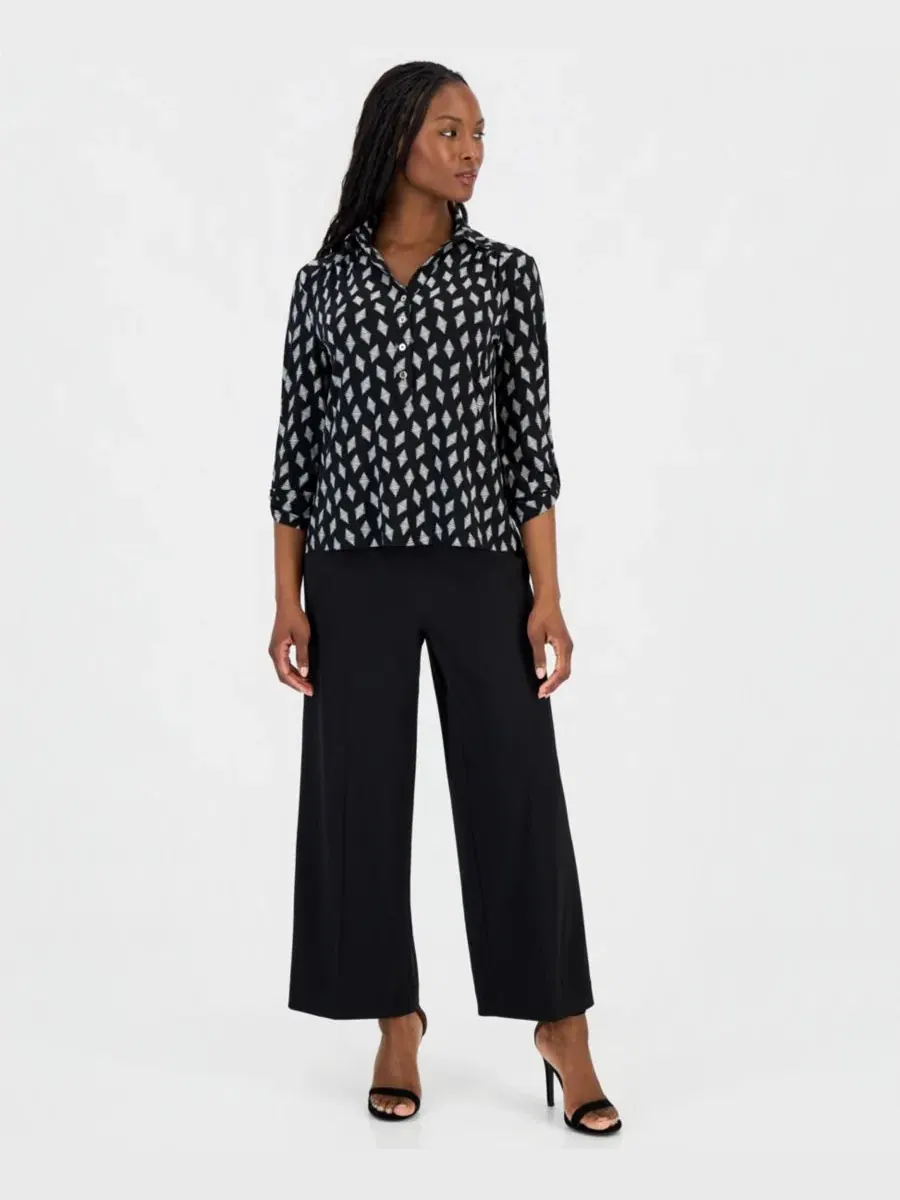 Укороченная блузка с принтом, воротником и рукавами 3/4 Anne Klein Essentials — изображение 2 из 4, черный/белый