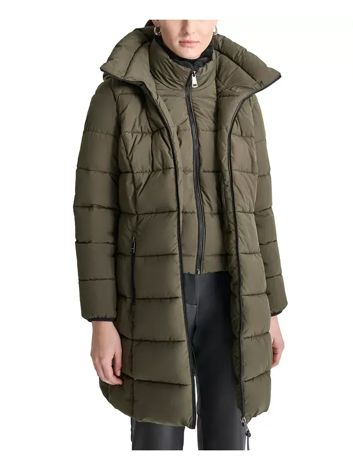 Женская стеганая куртка с капюшоном и молнией спереди Dkny — изображение 1 из 7, зеленый