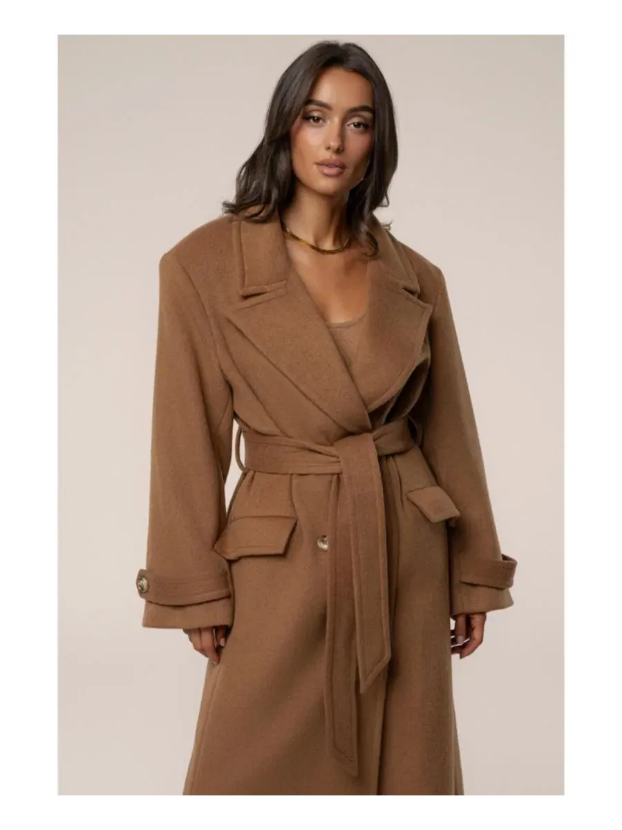 Пальто-тренч длинное с поясом Empire Longline Coat JLUXLABEL — изображение 4 из 9, коричневый