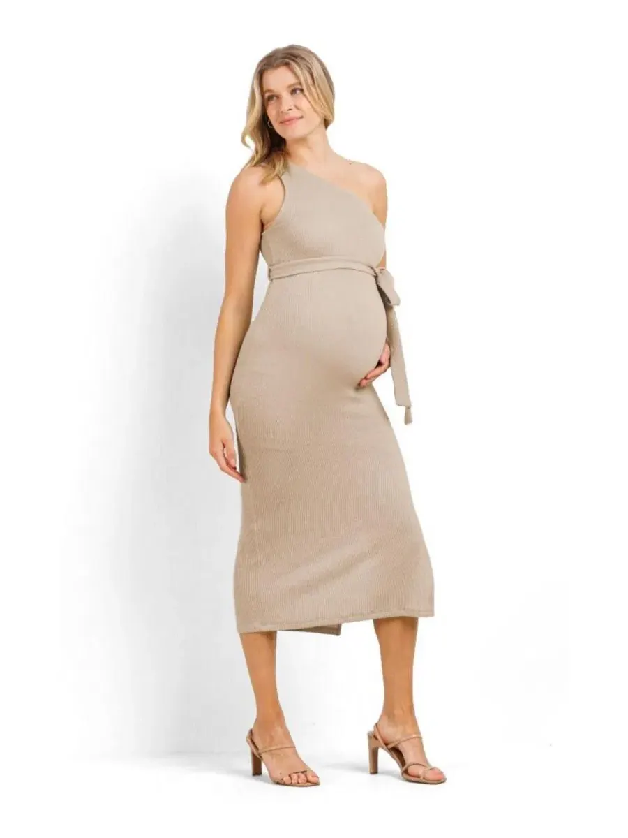 Платье для беременных с одним плечом в рубчик, модель One Shoulder Hello Miz — изображение 2 из 4, тауп