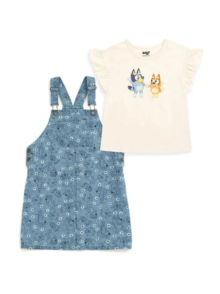 Комплект из футболки и джинсового платья-сарафана Bluey Bluey Bingo Denim Blue — синий