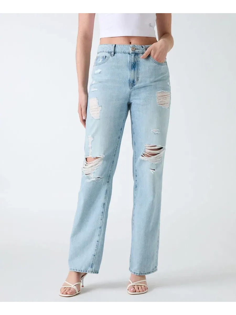 Джинсы прямого кроя с высокой посадкой, с потертостями GUESS, Cascade Sky
