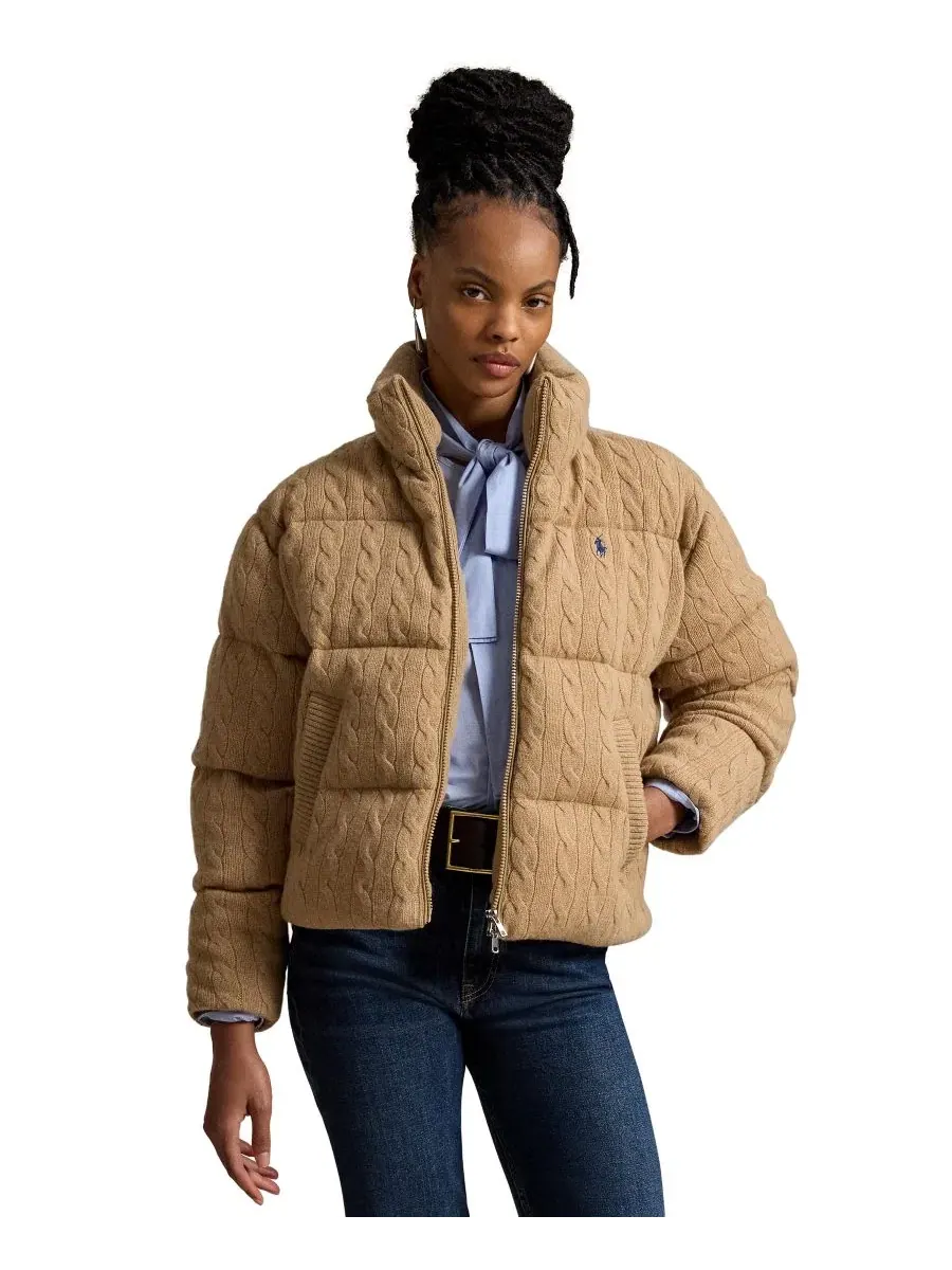 Пуховик с воротником-стойкой с вышитым пони Polo Ralph Lauren, Collection Camel Melange