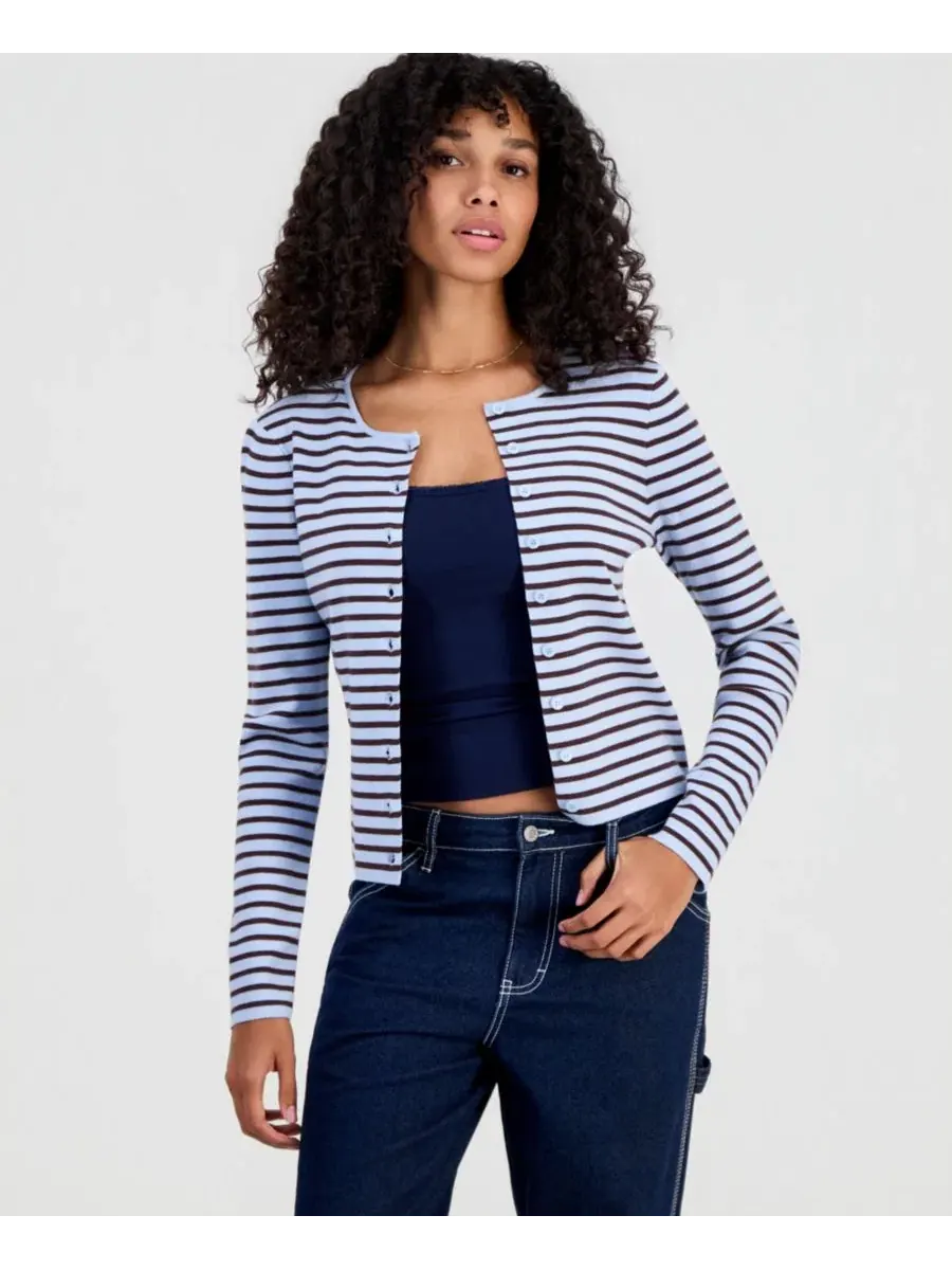 Кардиган с v-образным вырезом и полоской, модель Striped Ribbed Cardigan Hooked Up by IOT — коричневый