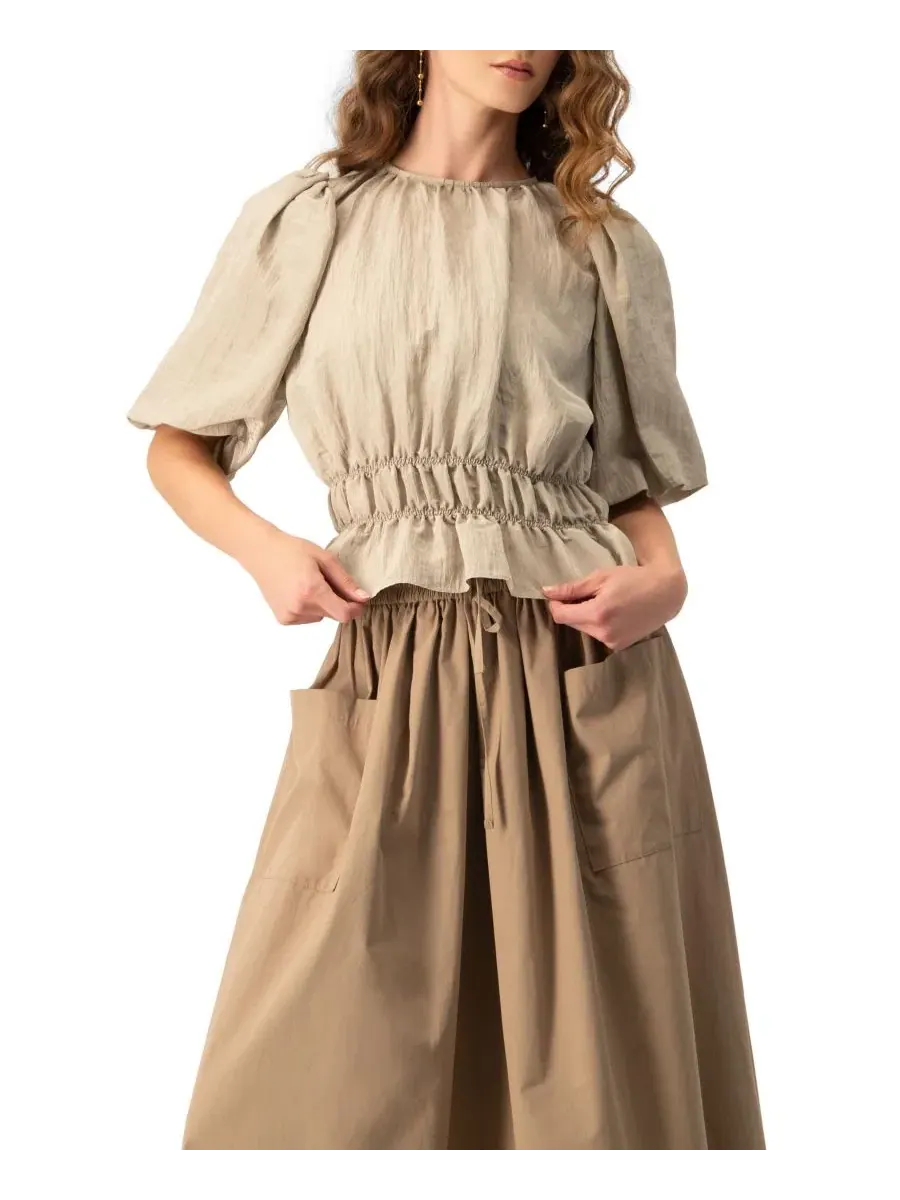 Блуза с рукавом-фонарик и поясом, модель Cinched Waist Crinkle Blouse Ivonne