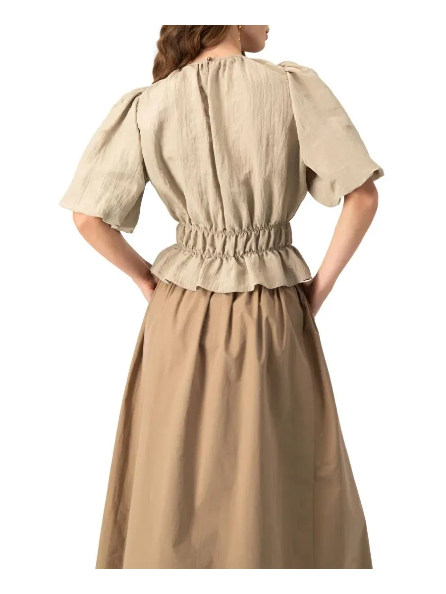 Блуза с рукавом-фонарик и поясом, модель Cinched Waist Crinkle Blouse Ivonne — изображение 2 из 6, бежевый