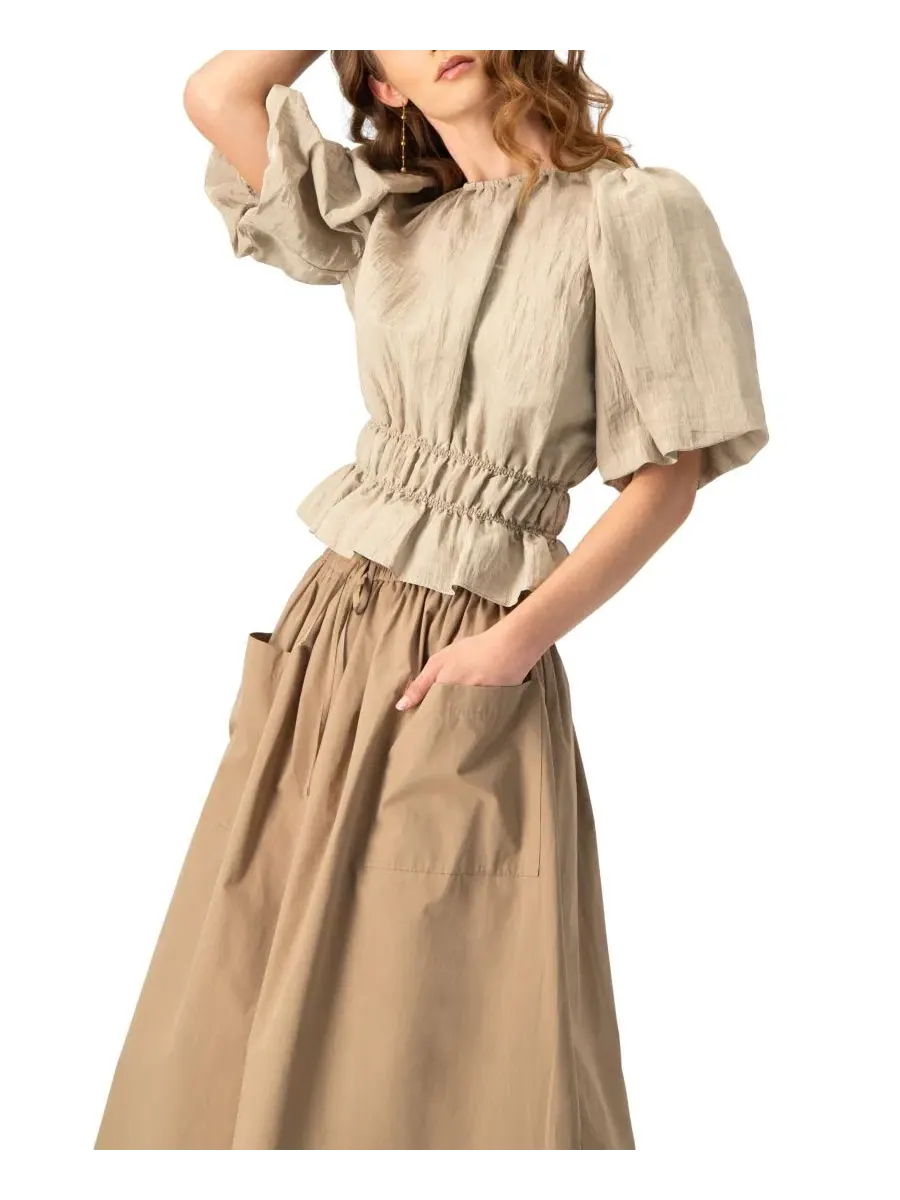 Блуза с рукавом-фонарик и поясом, модель Cinched Waist Crinkle Blouse Ivonne — изображение 3 из 6, бежевый