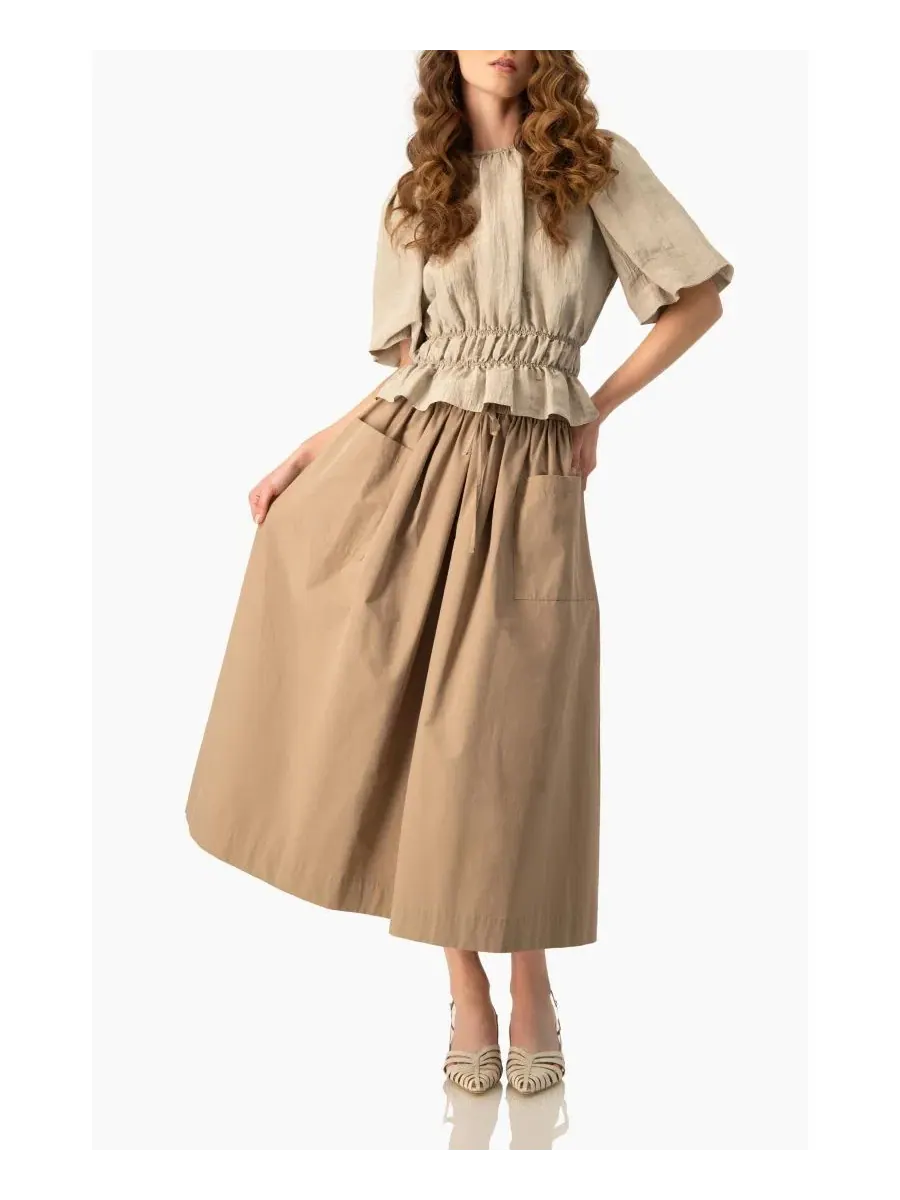 Блуза с рукавом-фонарик и поясом, модель Cinched Waist Crinkle Blouse Ivonne — изображение 4 из 6, бежевый