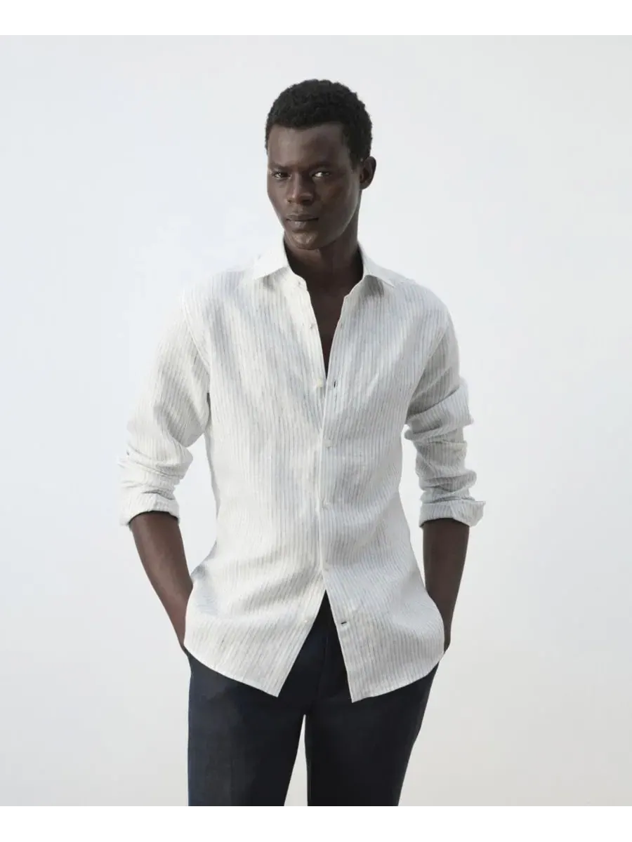 Льняная рубашка с длинным рукавом, модель Slim-Fit MANGO — изображение 1 из 6, синий