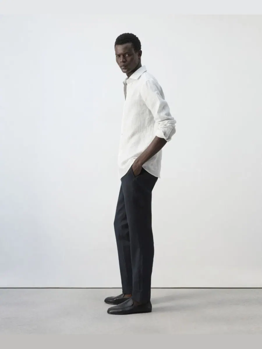 Льняная рубашка с длинным рукавом, модель Slim-Fit MANGO — изображение 4 из 6, синий