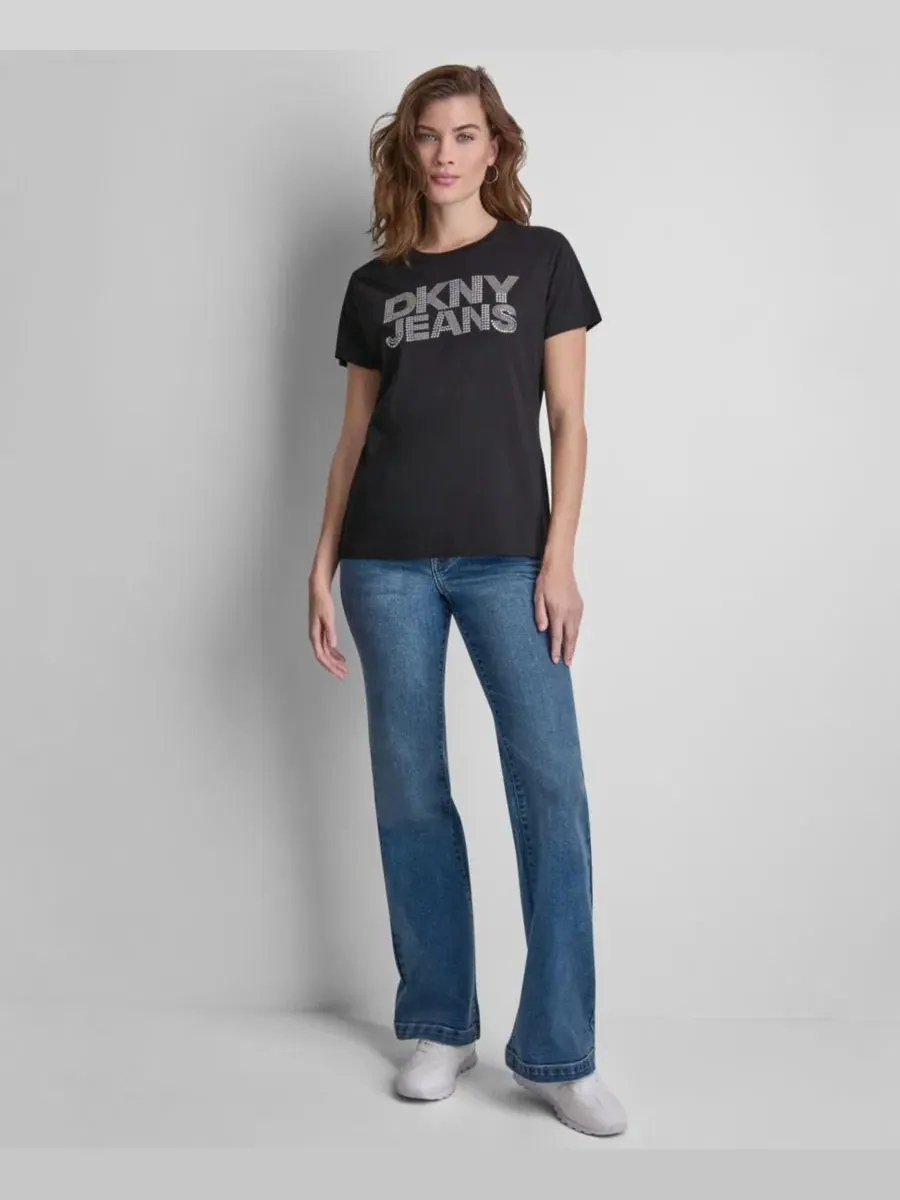 Женская футболка с круглым вырезом и логотипом, украшенным стразами DKNY Jeans — изображение 2 из 6, черный/прозрачный