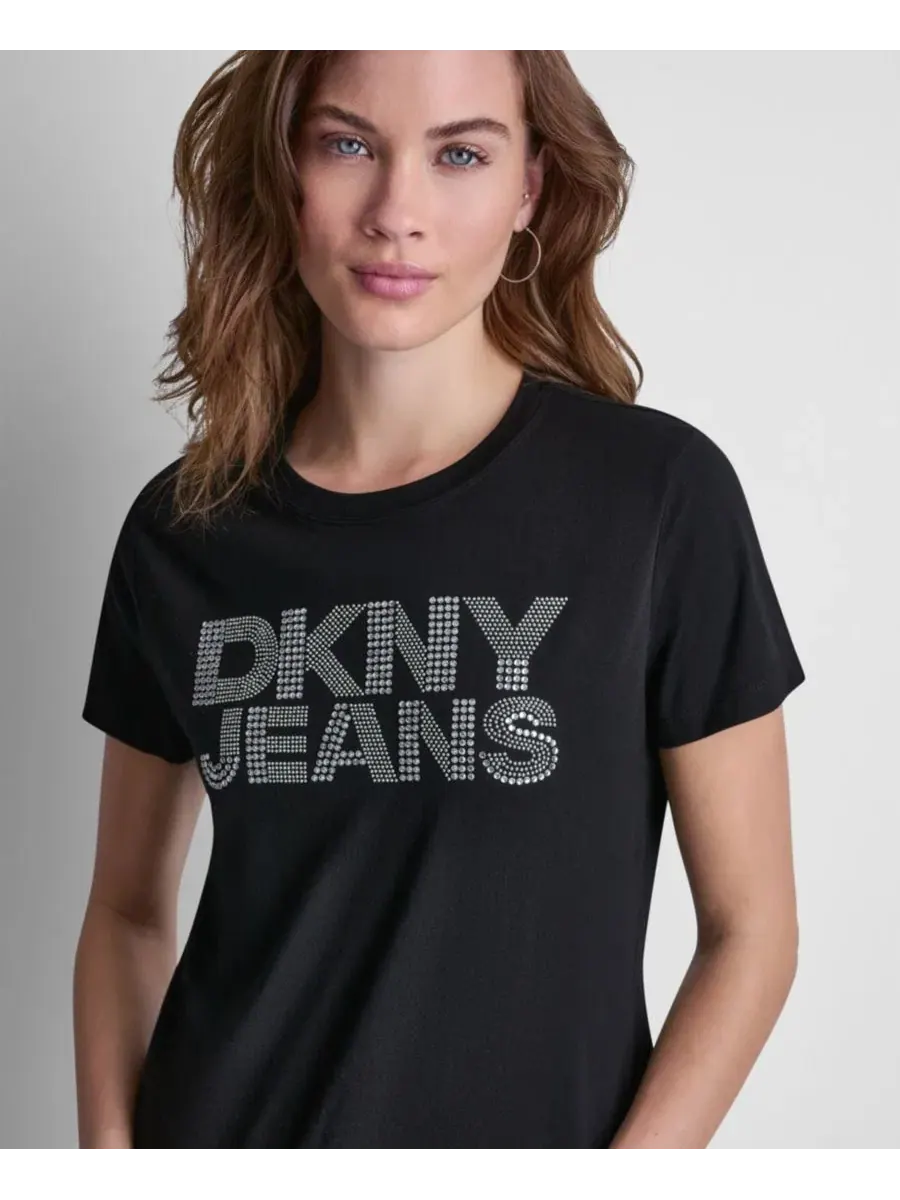 Женская футболка с круглым вырезом и логотипом, украшенным стразами DKNY Jeans — изображение 3 из 6, черный/прозрачный