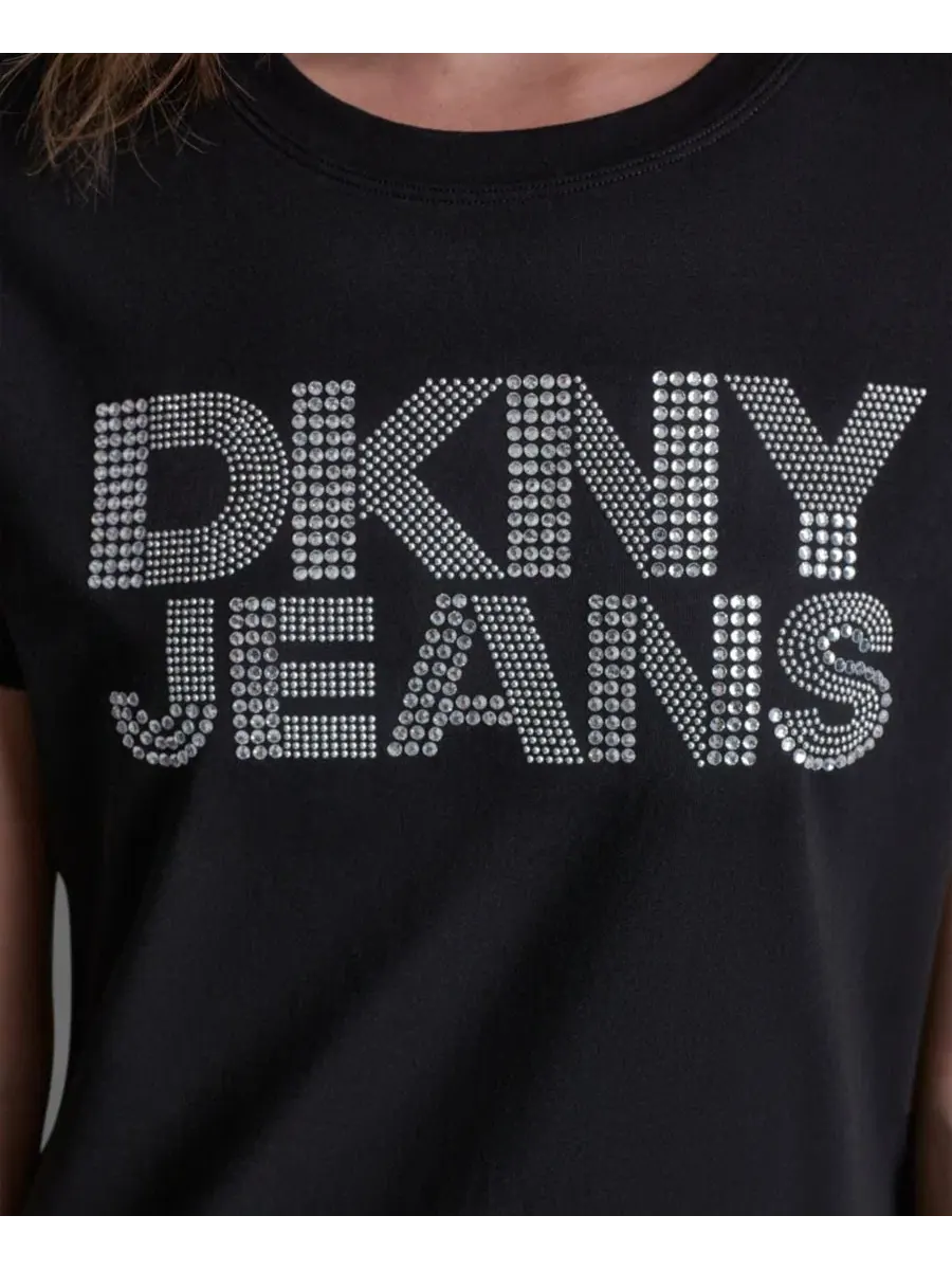 Женская футболка с круглым вырезом и логотипом, украшенным стразами DKNY Jeans — изображение 5 из 6, черный/прозрачный