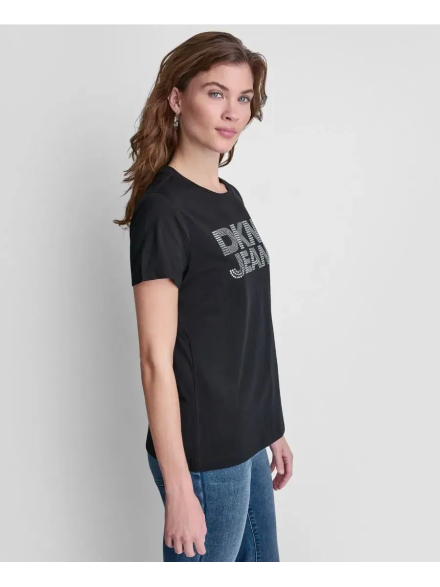 Женская футболка с круглым вырезом и логотипом, украшенным стразами DKNY Jeans — изображение 6 из 6, черный/прозрачный