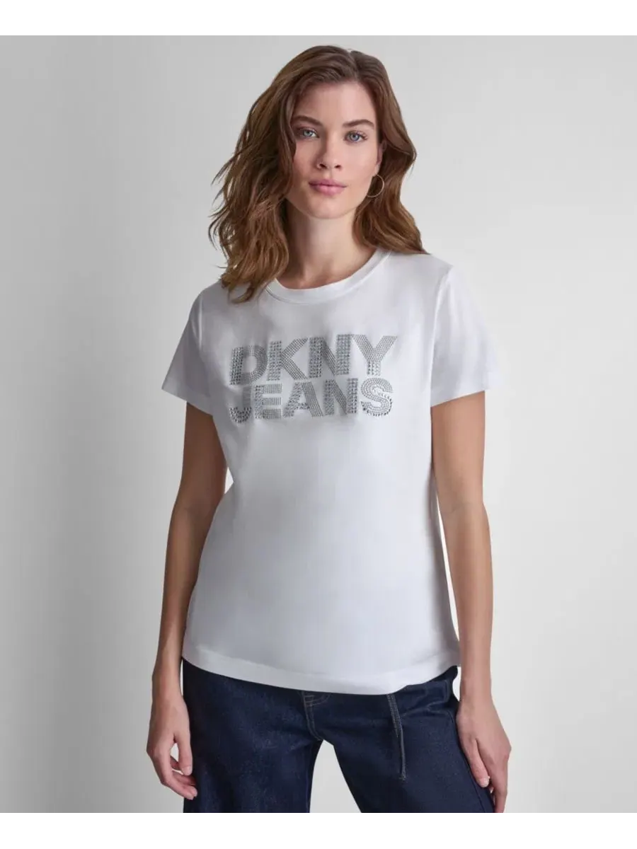Женская футболка с круглым вырезом и логотипом, украшенным стразами DKNY Jeans — изображение 1 из 7, белый/прозрачный