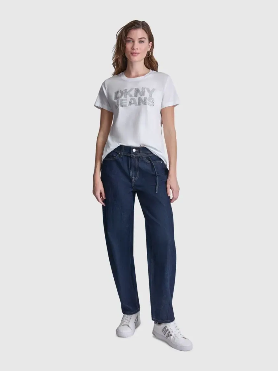 Женская футболка с круглым вырезом и логотипом, украшенным стразами DKNY Jeans — изображение 2 из 7, белый/прозрачный