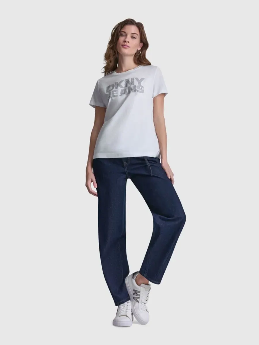 Женская футболка с круглым вырезом и логотипом, украшенным стразами DKNY Jeans — изображение 3 из 7, белый/прозрачный