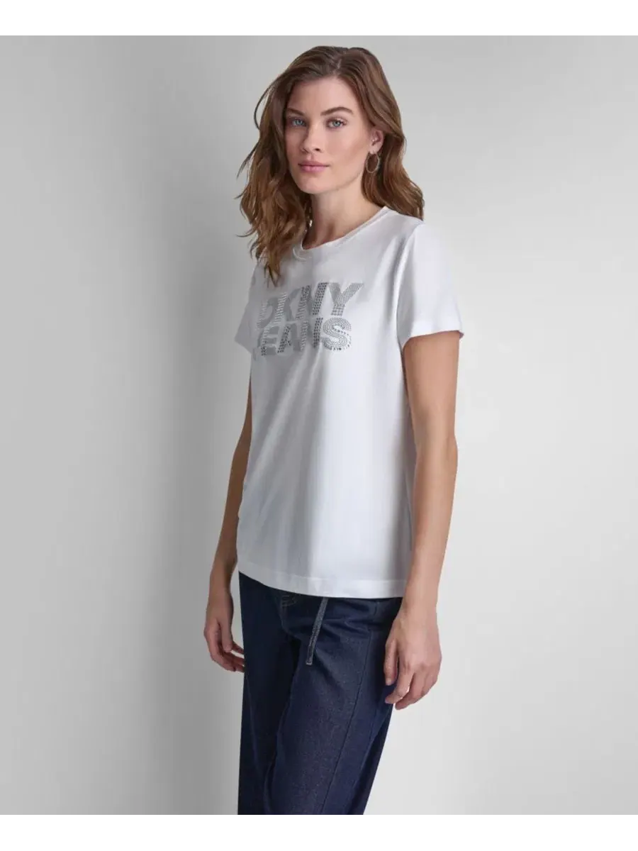 Женская футболка с круглым вырезом и логотипом, украшенным стразами DKNY Jeans — изображение 5 из 7, белый/прозрачный