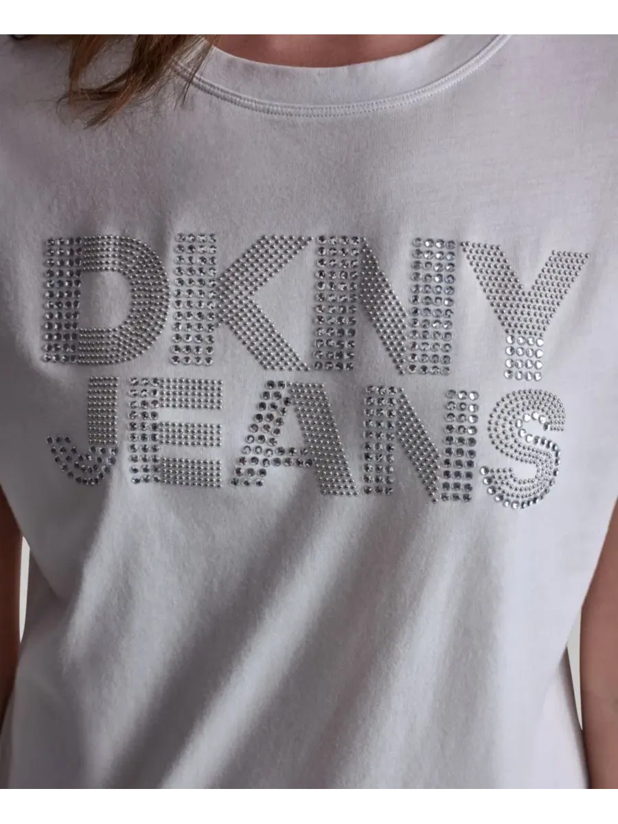 Женская футболка с круглым вырезом и логотипом, украшенным стразами DKNY Jeans — изображение 6 из 7, белый/прозрачный