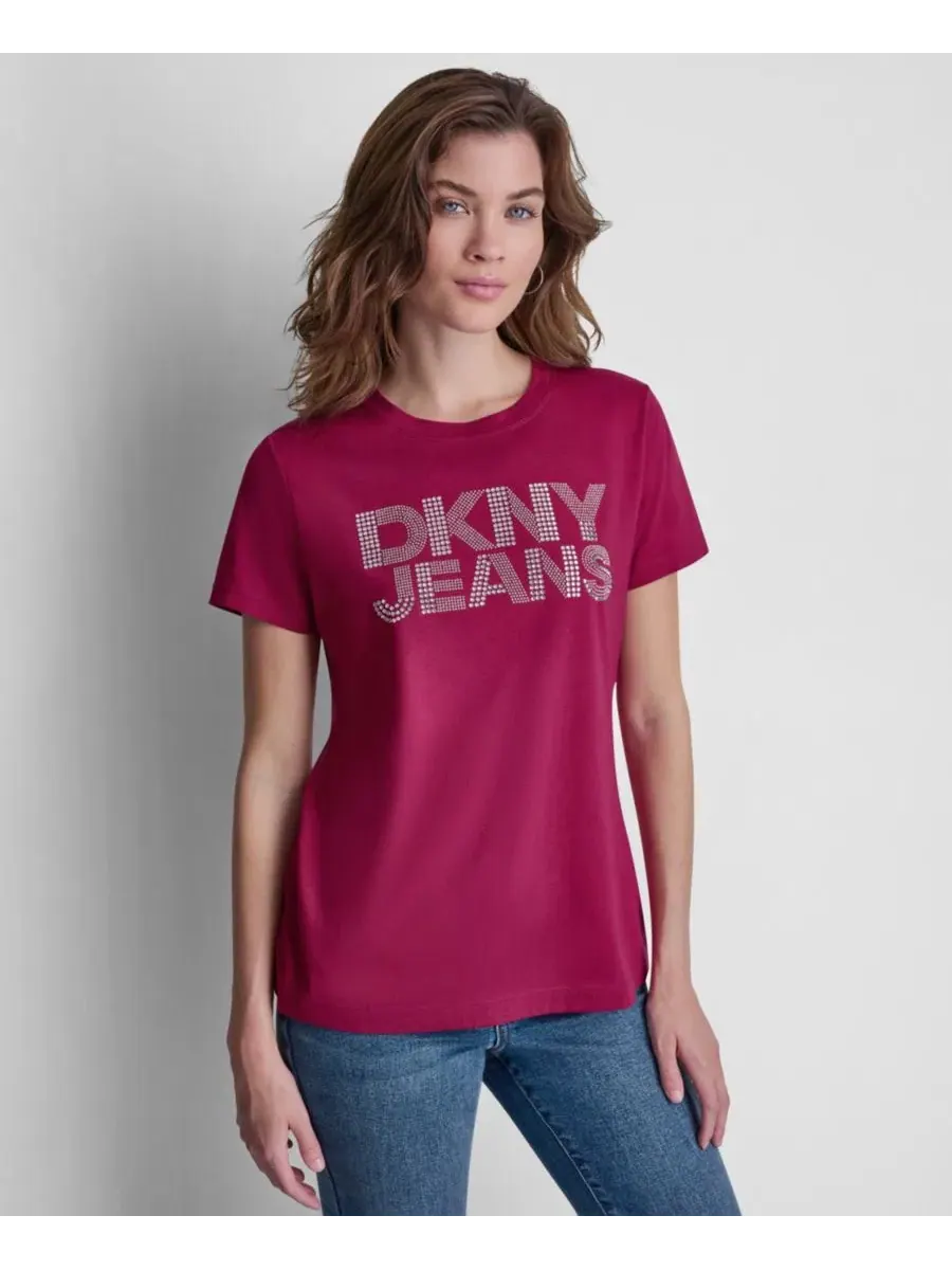 Женская футболка с круглым вырезом и логотипом, украшенным стразами DKNY Jeans — изображение 1 из 5, прозрачный