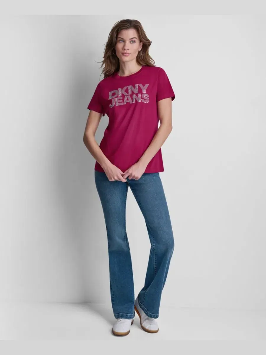Женская футболка с круглым вырезом и логотипом, украшенным стразами DKNY Jeans — изображение 2 из 5, прозрачный