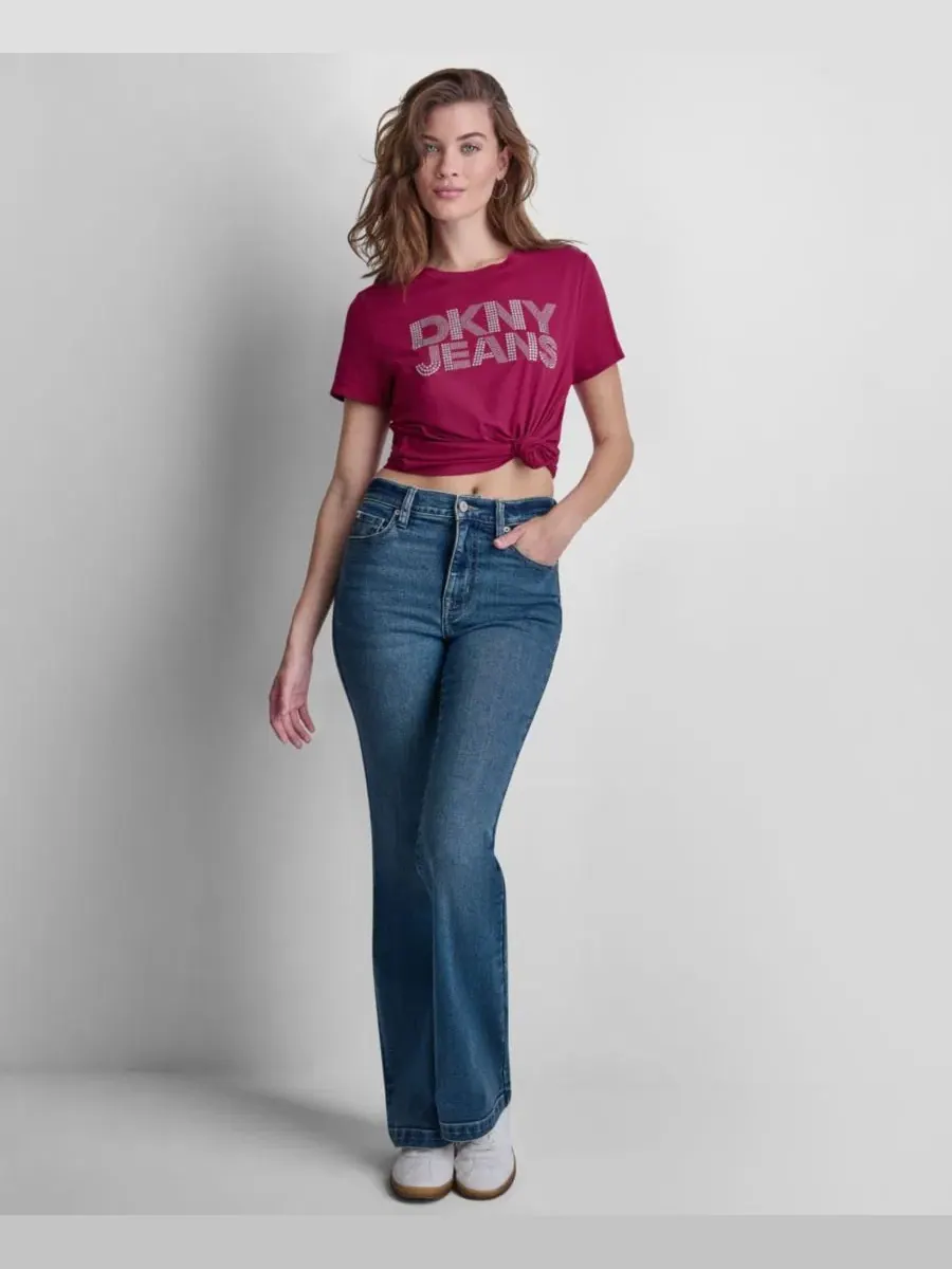 Женская футболка с круглым вырезом и логотипом, украшенным стразами DKNY Jeans — изображение 3 из 5, прозрачный